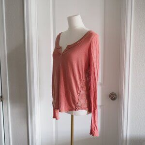 Free People Coral Long Sleeve Lace Knit Boho Patchwork Henley Semi-Sheer sz S